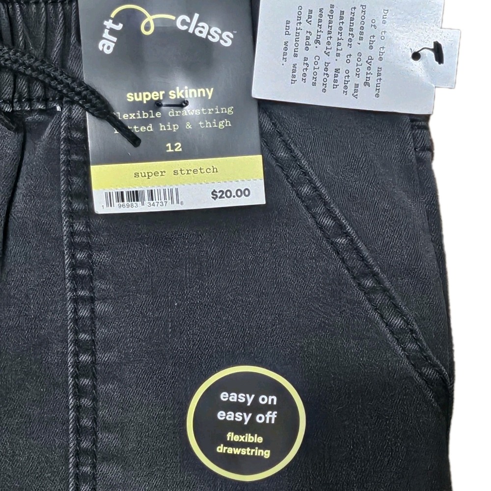 Art Class Boys Super Skinny Jeans Washed Black Gray Stretch Drawstring Size 12 - Picture 2 of 6